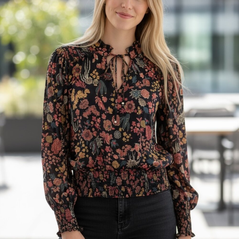 Angie Black Floral Tie-Neck Blouse with Pink and Gold Blooms - Picture 2 of 7